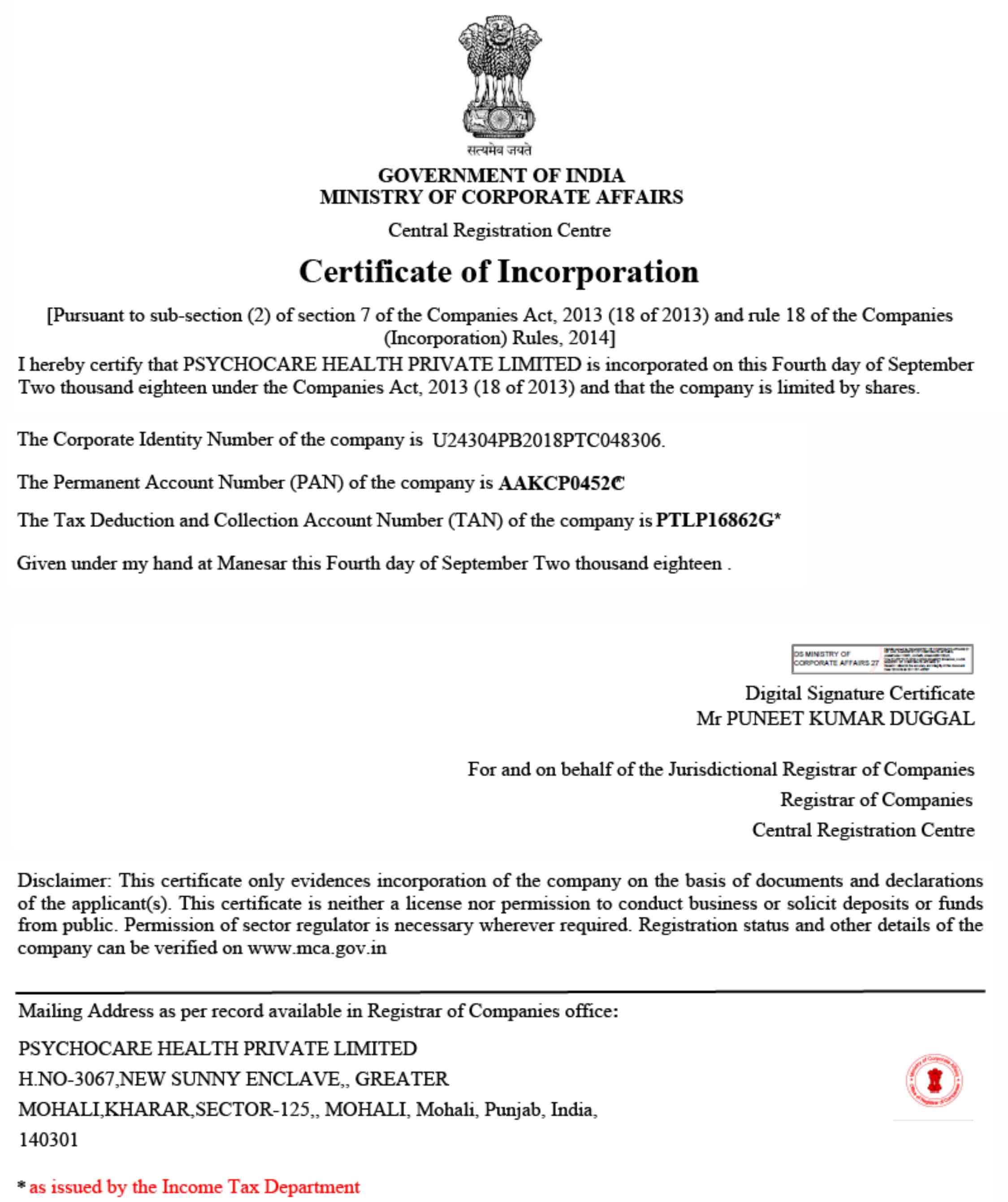 Incorporation Certificate of PCHPL