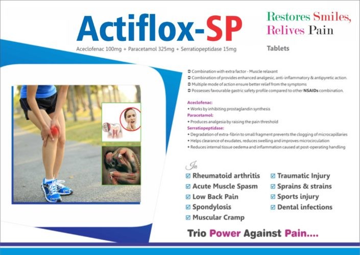 Actiflox-SP Aceclofenac 100mg + Paracetamol 325mg + Serratiopeptidase 15mg Tablets