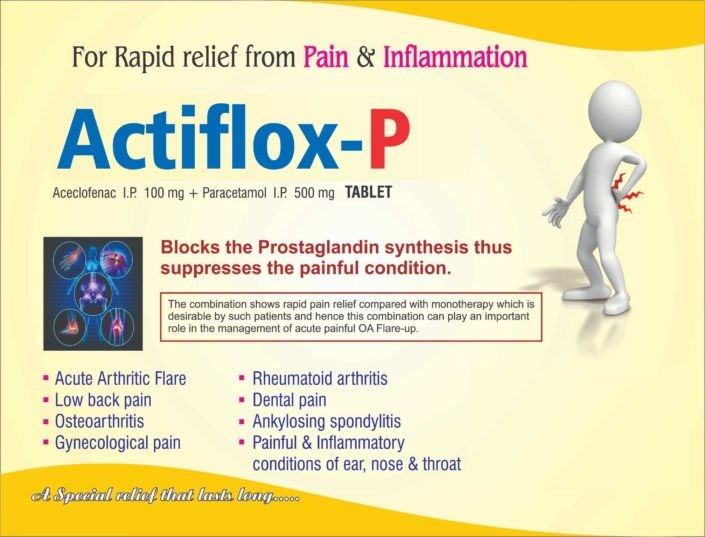 Actiflox-P Aceclofenac I.P. 100 mg + Paracetamol I.p. 500 mg Tablets PCD Pharma Franchise - Psychocare Health Pvt. Ltd.