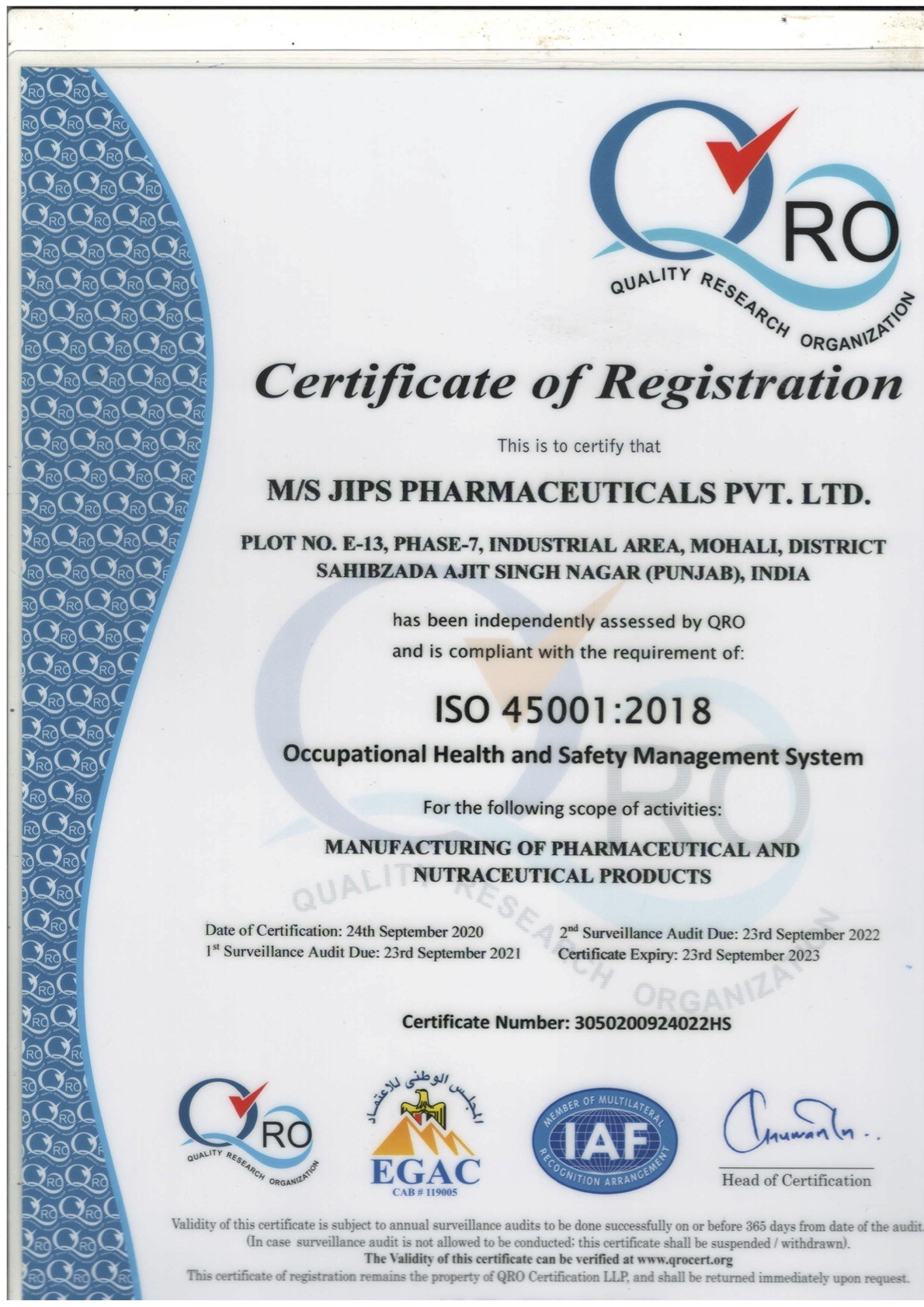 JIPS Pharmaceuticals Certificate